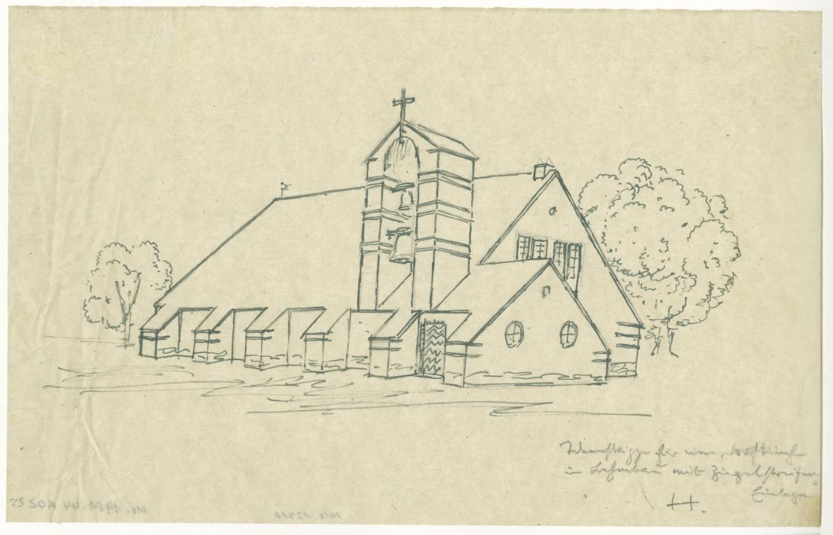 Entwürfe für eine Kirche als Lehmbau, Variante zu Bl. 24, mit Ziegelsteinen, Bl. 25