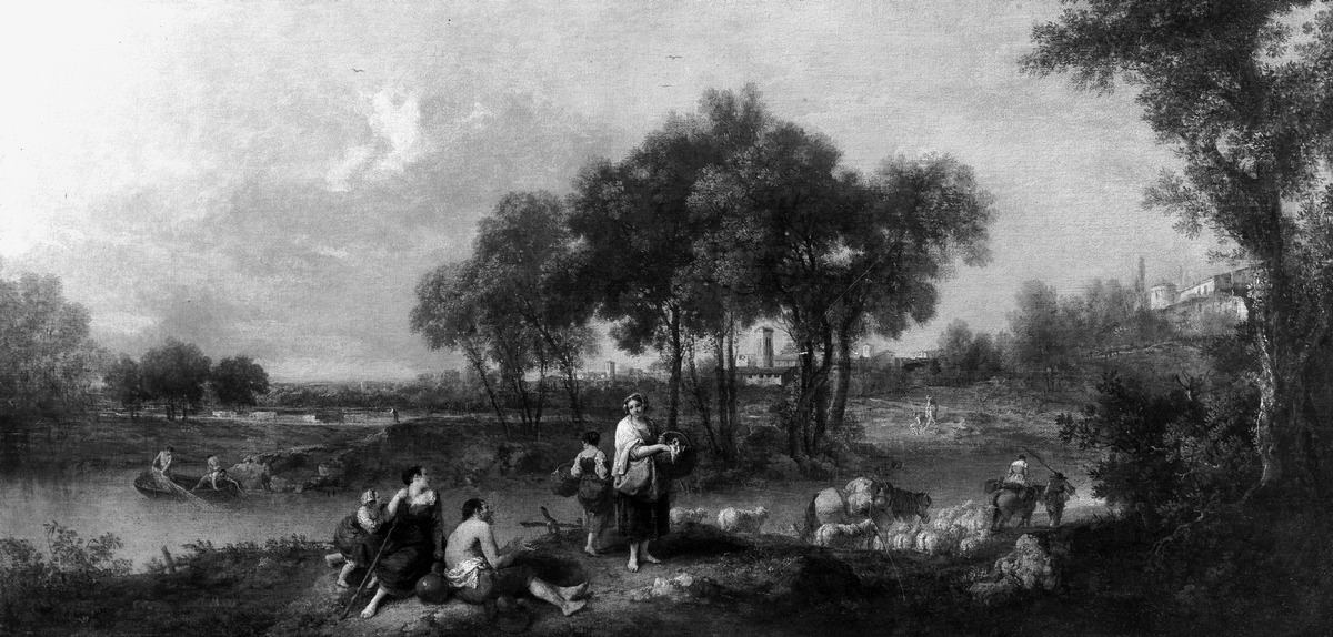 Waldige Flusslandschaft mit Hirten