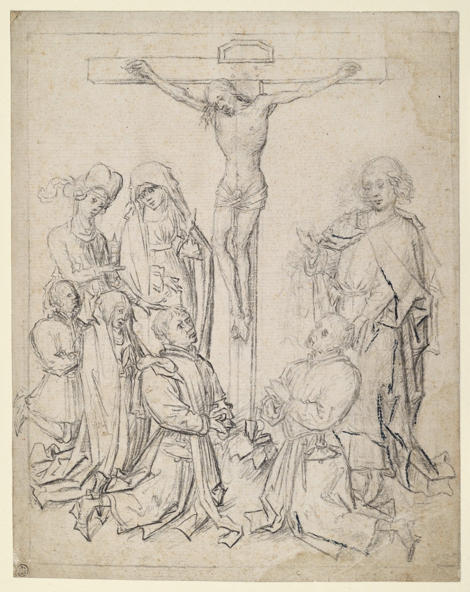 Kreuzigung mit Maria, Maria Magdalena, Johannes dem Evangelisten und vier Stiftern