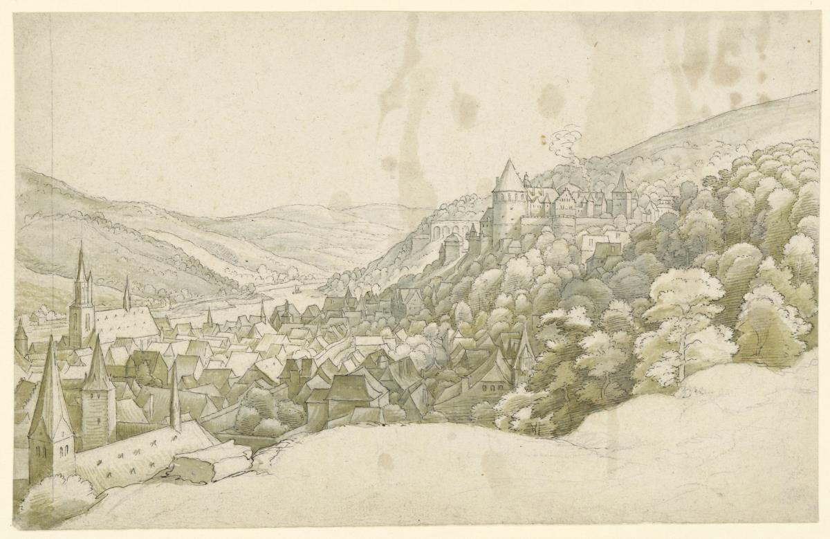 Heidelberg. Blick von Westen auf das Schloss und die im Tal liegende Stadt. Der Vordergrund ist nicht ausgeführt