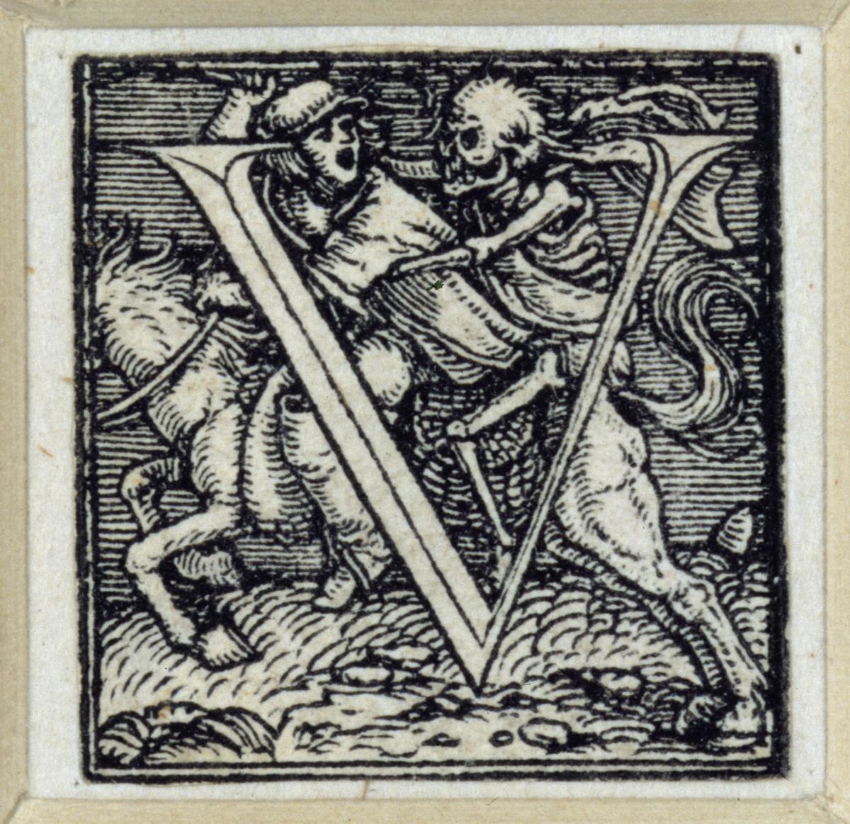 Initiale zu einem lateinischen Majuskel-Alphabet (sog. "Todesalphabet"): V