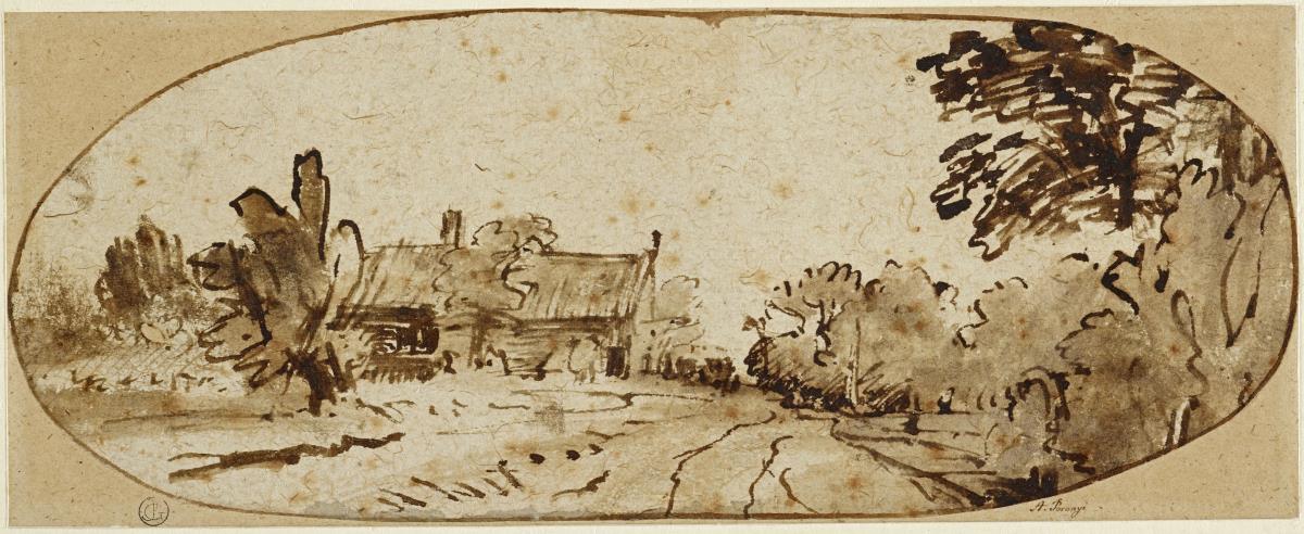 Landschaft mit Bauernhaus an Landstraße