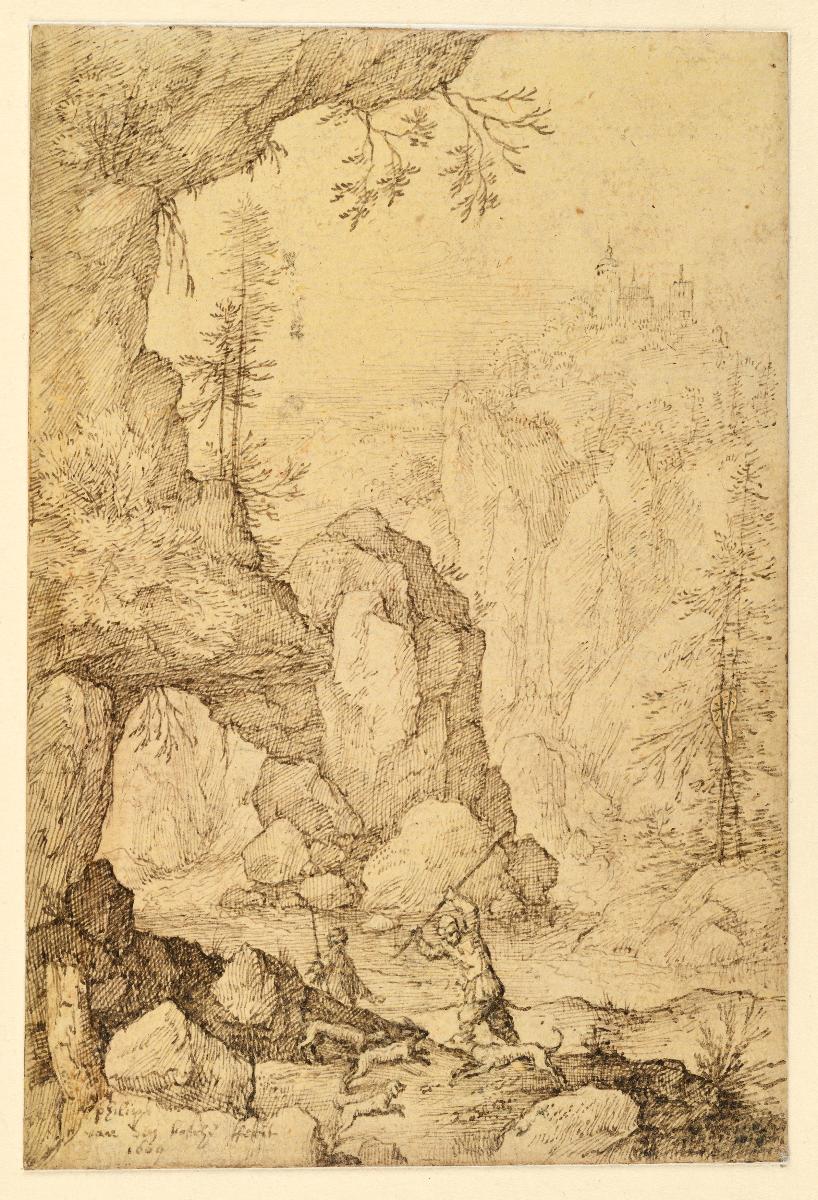 Felsige Gebirgslandschaft, vorn eine Jagdszene