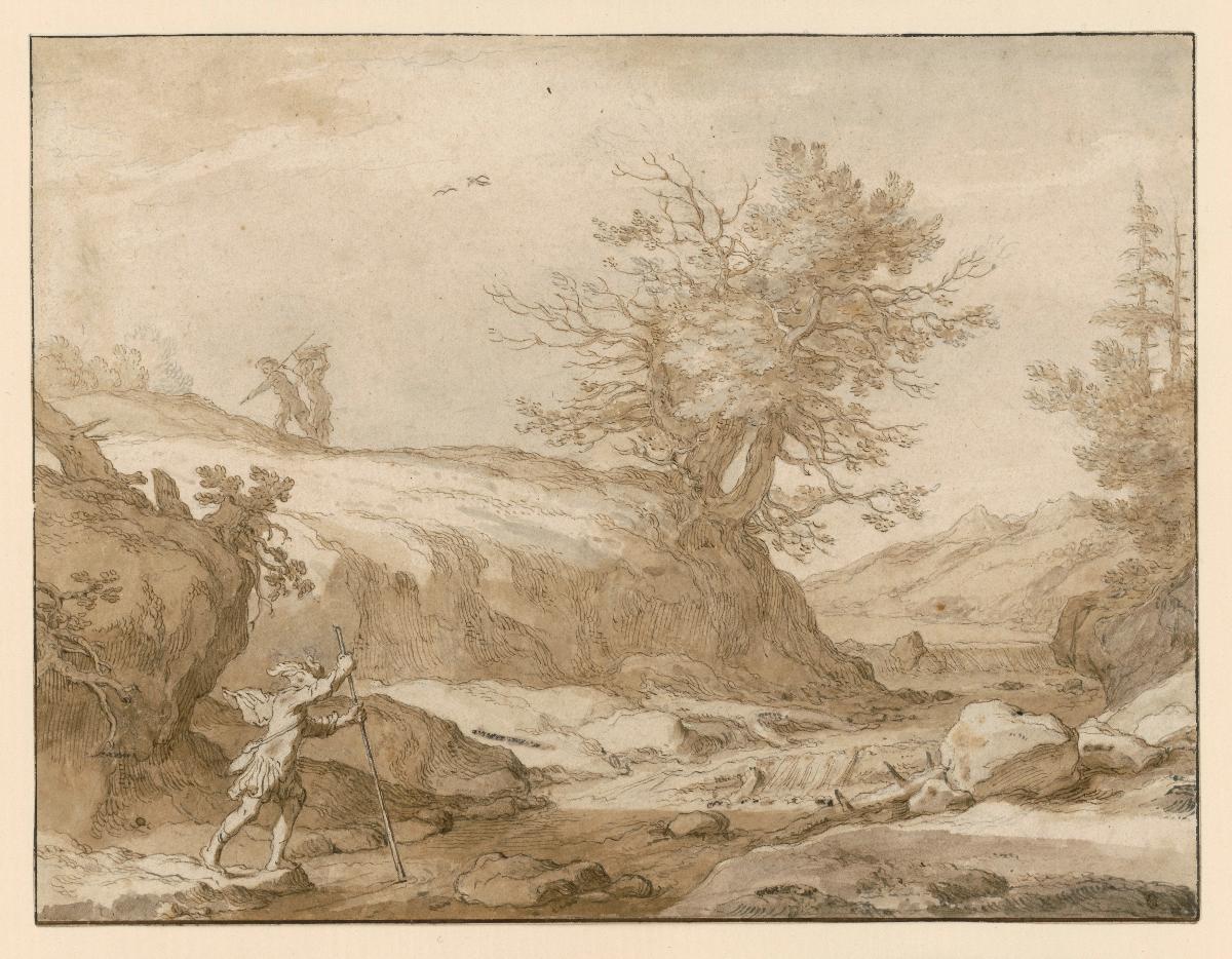 Landschaft mit einem Fluss, den ein Mann links vorn mit Hilfe einer Stange überschreitet