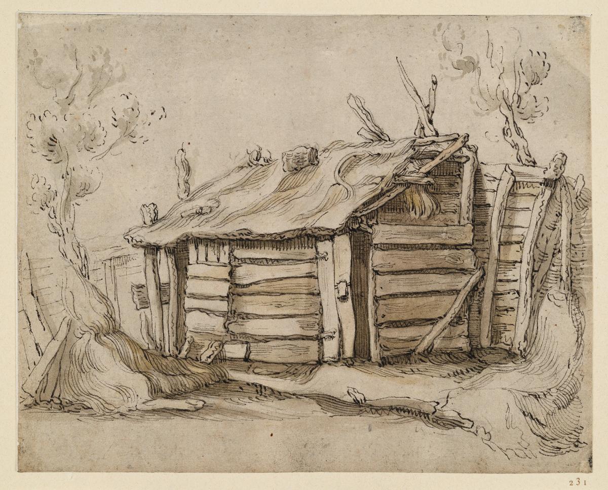 Hölzerner Schuppen mit Zaun, rechts und links je ein kahler Baum (Skizzenbuchblatt)