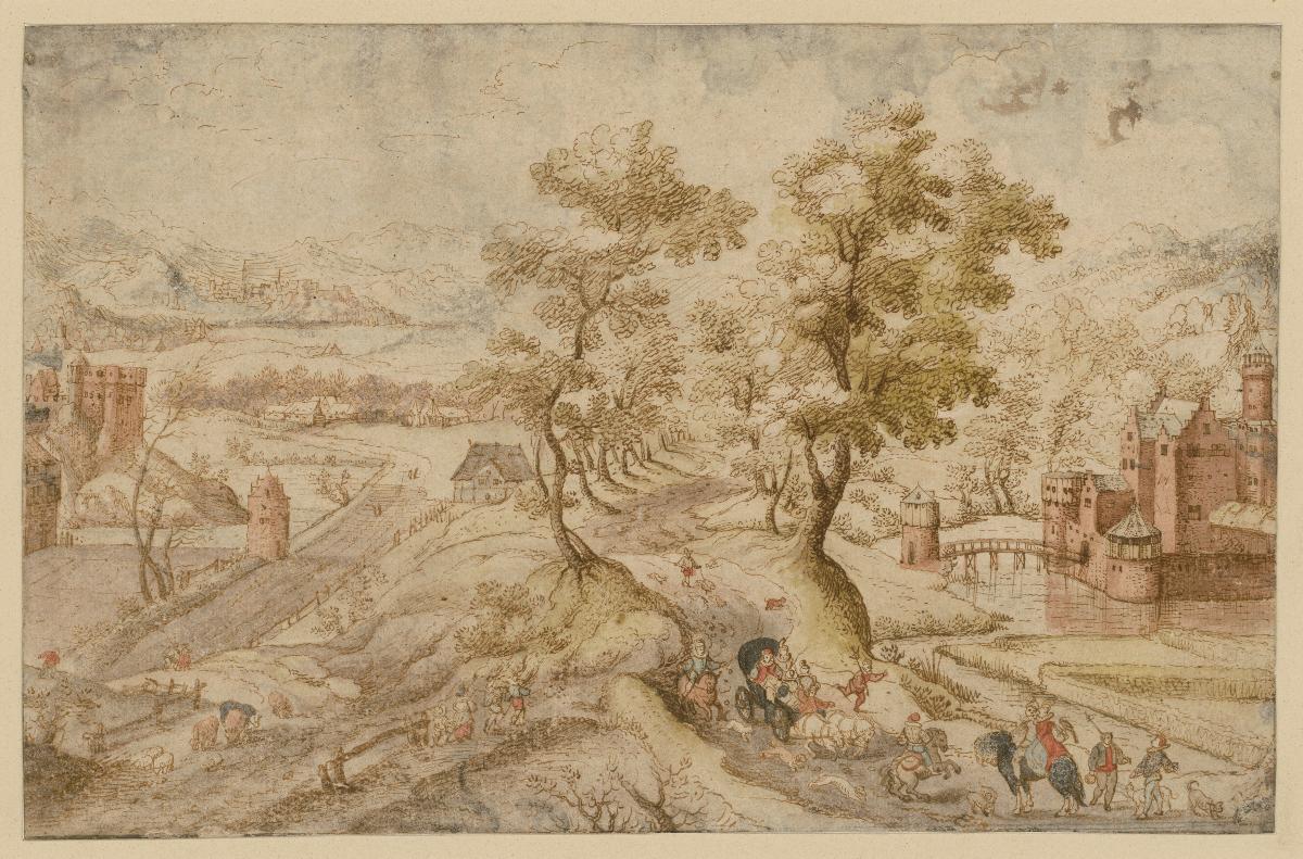 Hügelige Landschaft mit zwei Wasserburgen