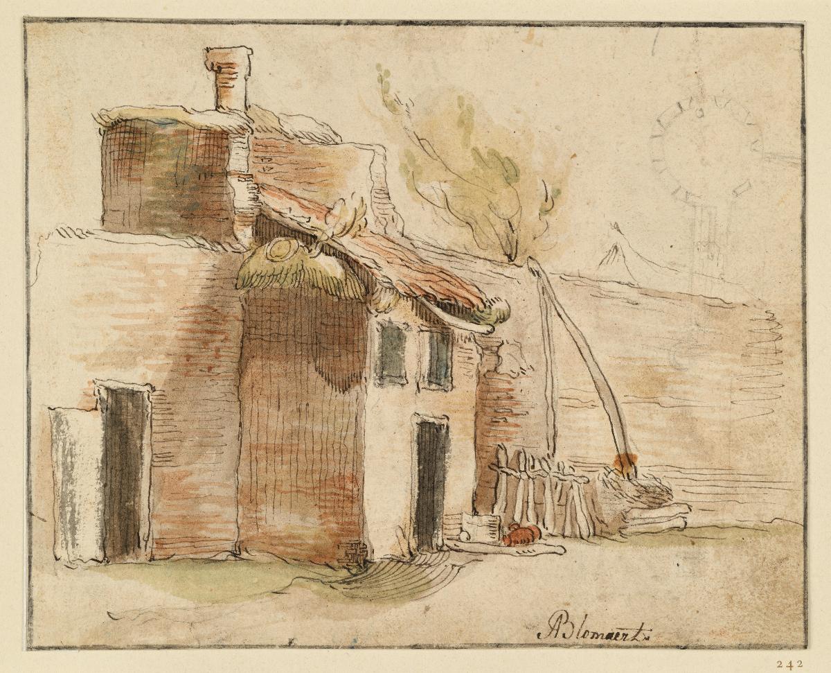 Torbau an einer Mauer (Montfoort?), rechts ein Ziehbrunnen , ein Uhrwerk (?) (Skizzenbuchblatt)