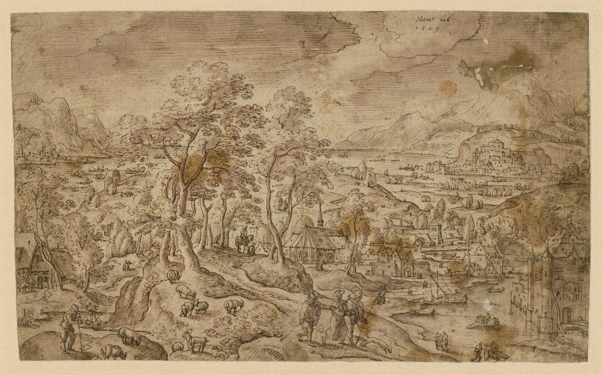 Christus auf dem Weg nach Emmaus in weiter Landschaft
