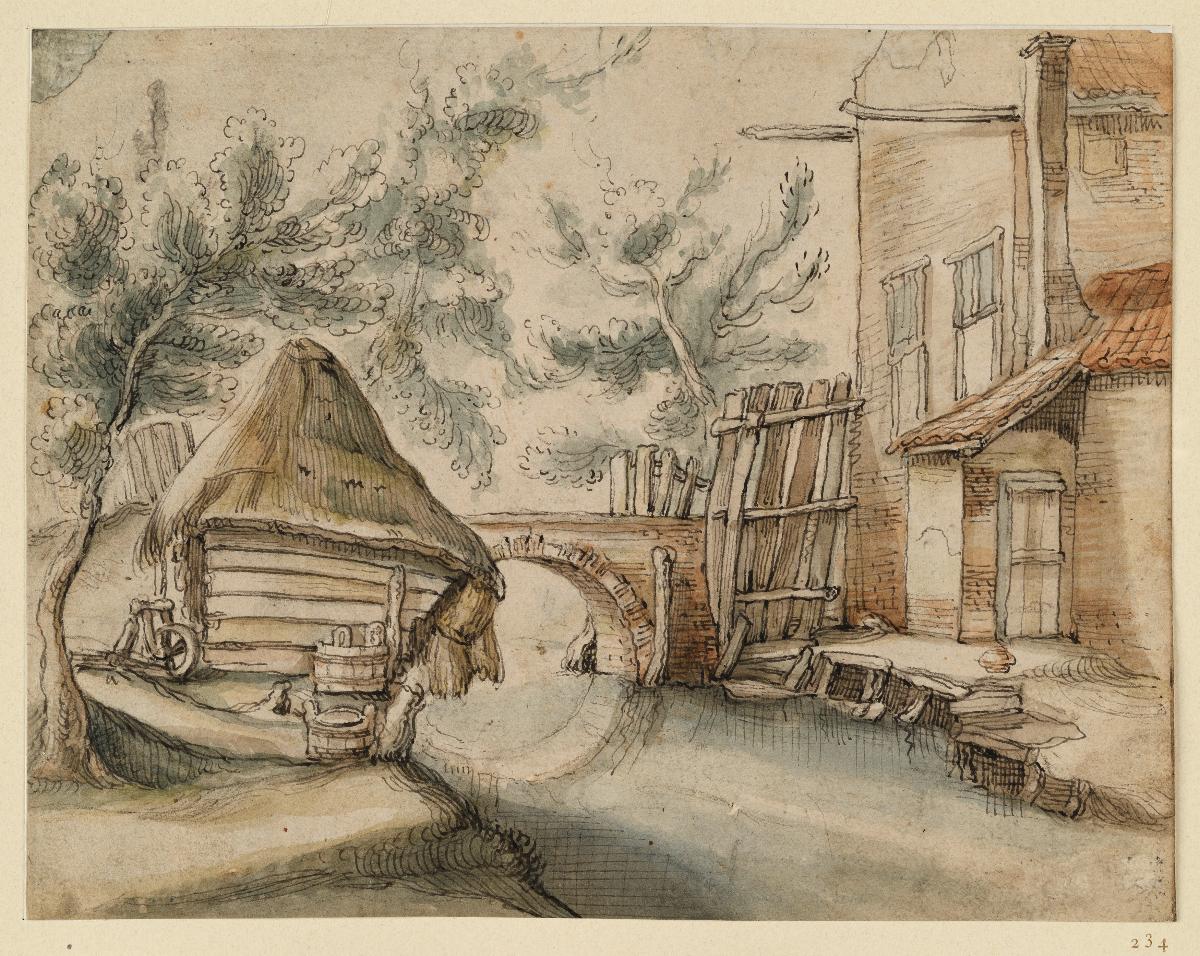 Kanal mit einer Ziegelbrücke, rechts ein Haus (Skizzenbuchblatt)
