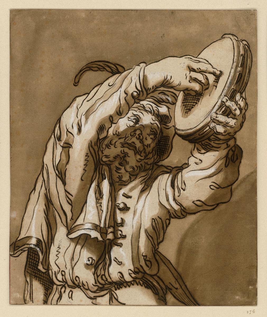 Halbfigur eines Mannes mit einem Tamburin