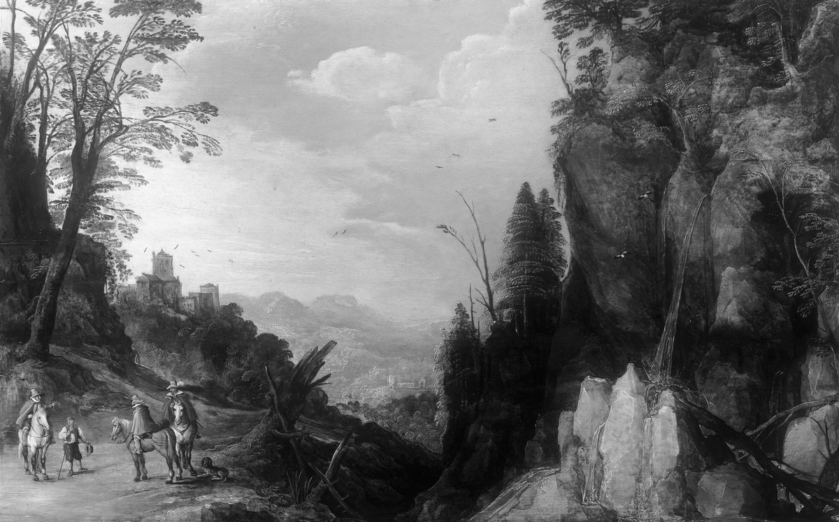 Gebirgslandschaft mit drei Reitern