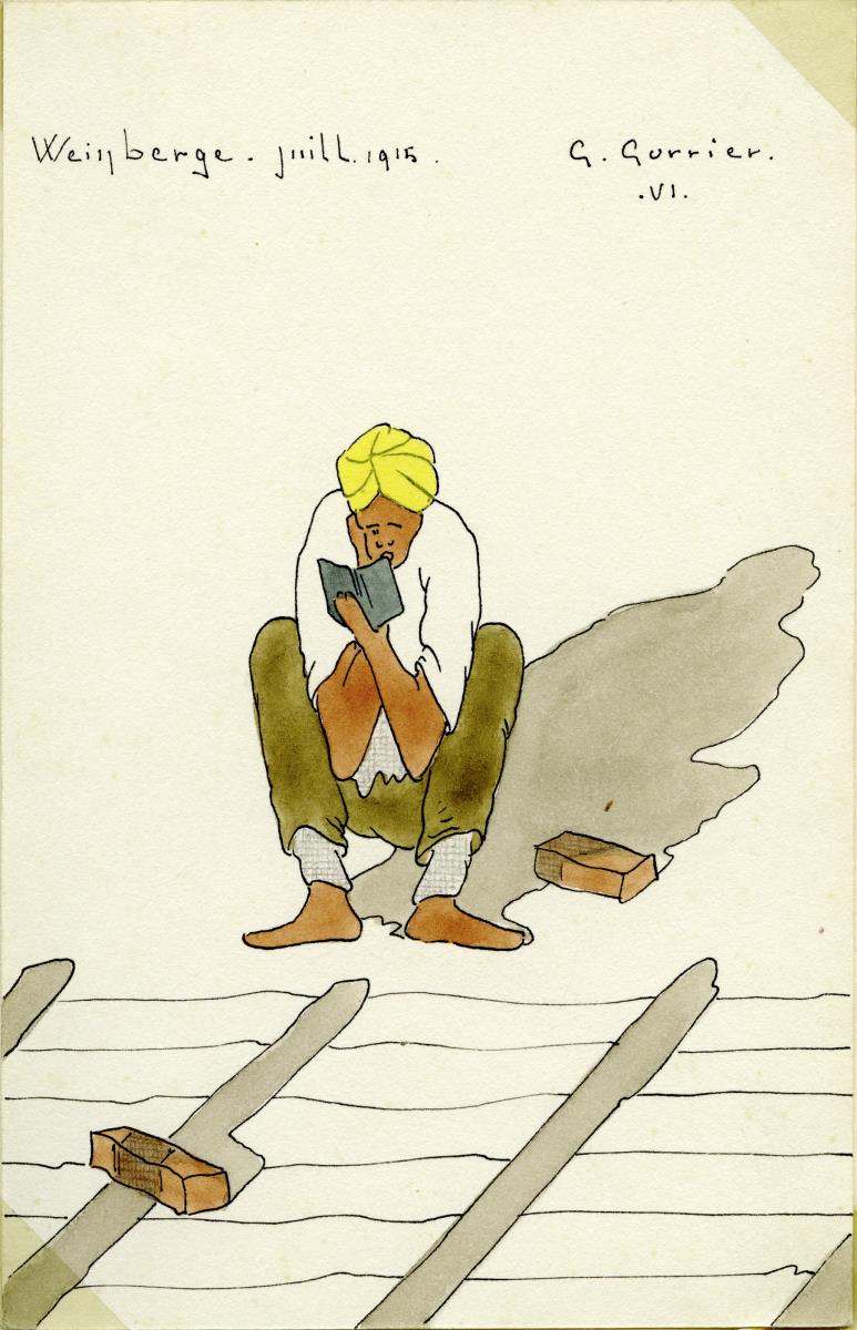 o. T. [hockender Mann mit Turban und Buch, wohl Koran]