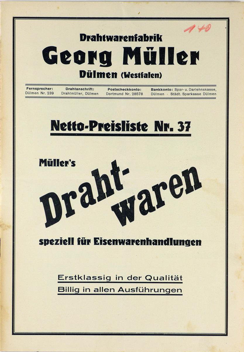 Netto-Preisliste Nr.37 Müller's Drahtwaren speziell für Eisenwarenhandlungen Drahtwarenfabrik Georg Müller, Dülmen