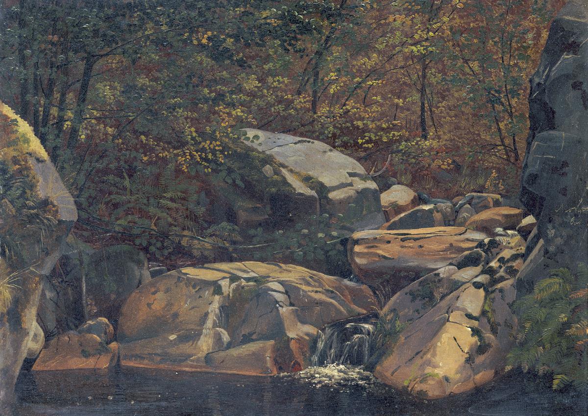 Waldbach (Wasserfall zwischen Felsblöcken)