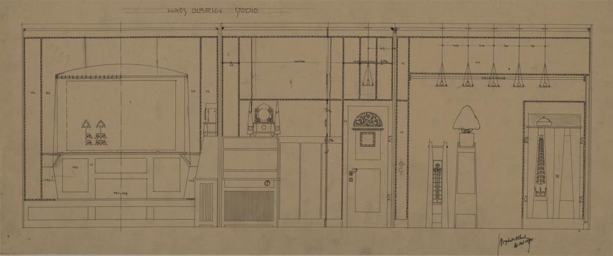 Darmstadt, Wohnhaus Olbrich, Erdgeschoss, Studio, Aufrisse der Ost Süd und Westwand