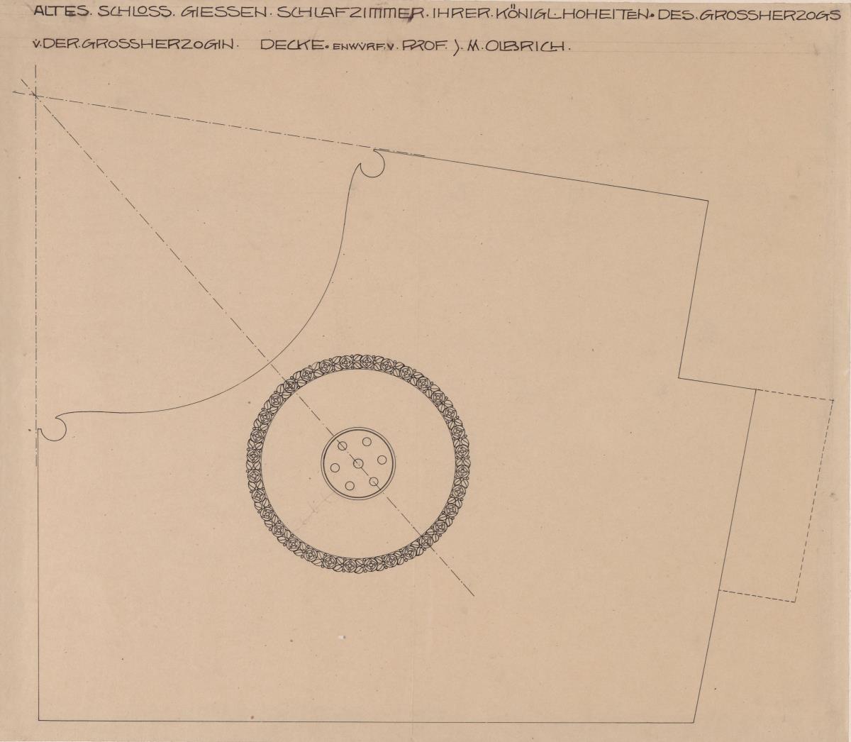 Giessen, Grossherzogliche Wohnung im Alten Schloss   Schlafzimmer, schematischer Grundriss und Deckenprojektion