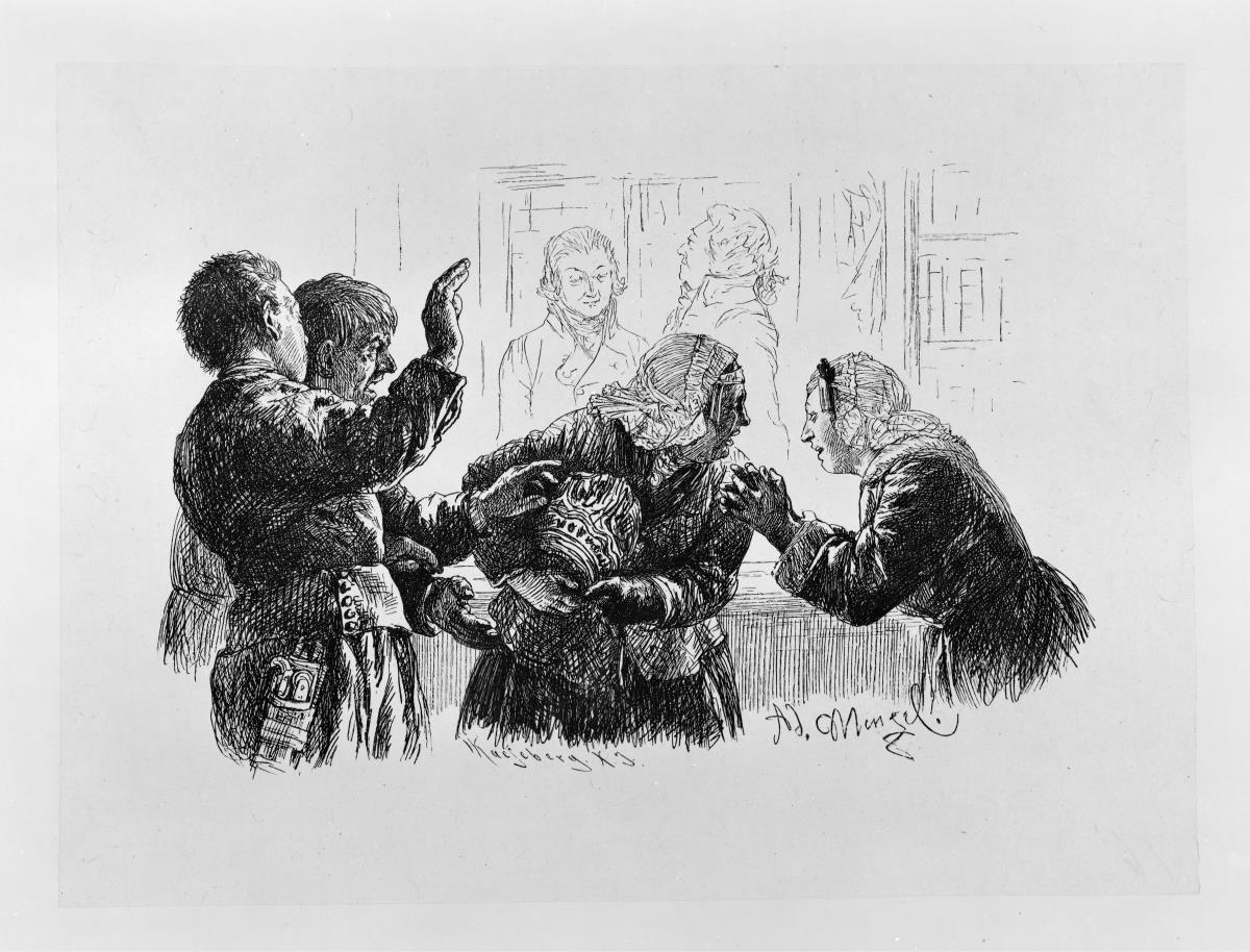 Marthe mit den Krugscherben im Arm, steht zwischen Veit und Ruprecht und Eve fleht die Mutter an, von der Klage abzusehen, zu Heinrich von Kleist "Der Zerbrochene Krug"