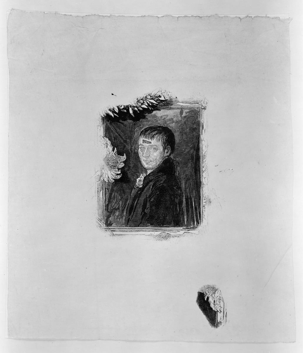Vignette mit dem Bildnis Kleists und Stichelprobe unten rechts. zu Heinrich von Kleist "Der Zerbrochene Krug"
