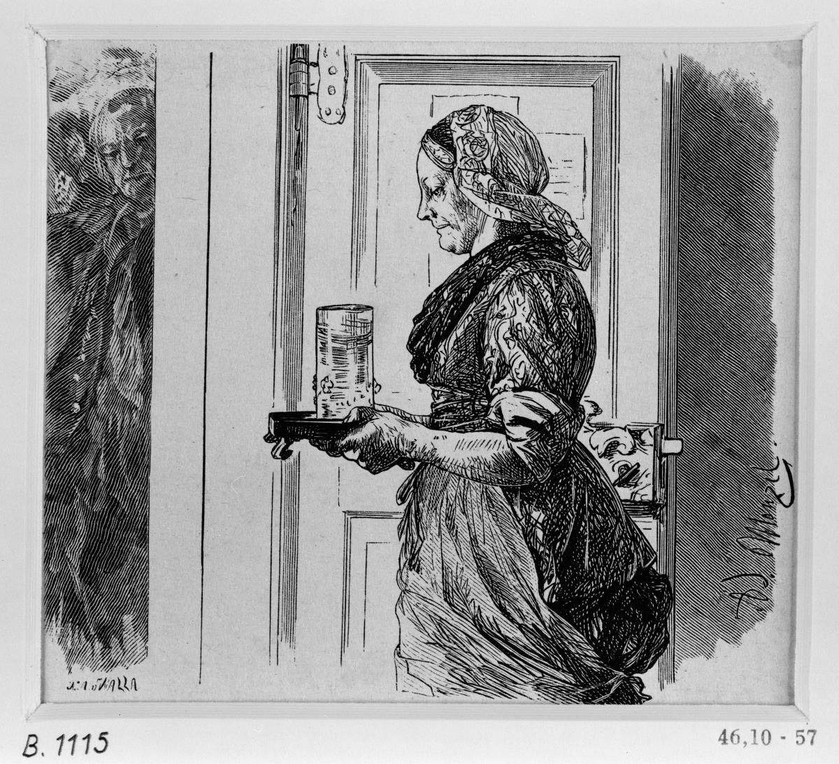 Die Magd tritt mit dem von Adam bestellten Glas Wasser in das Gerichtszimmer, zu Heinrich von Kleist "Der Zerbrochene Krug"