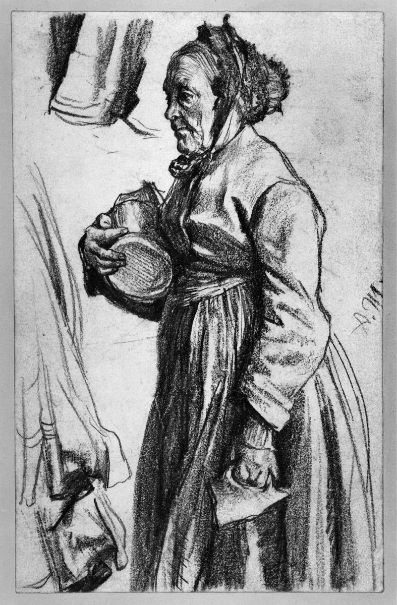 Heinrich von Kleist, Der zerbrochene Krug: alte Frau mit dem zerbrochenen Krug, Kniestück nach links, Gewandstudie