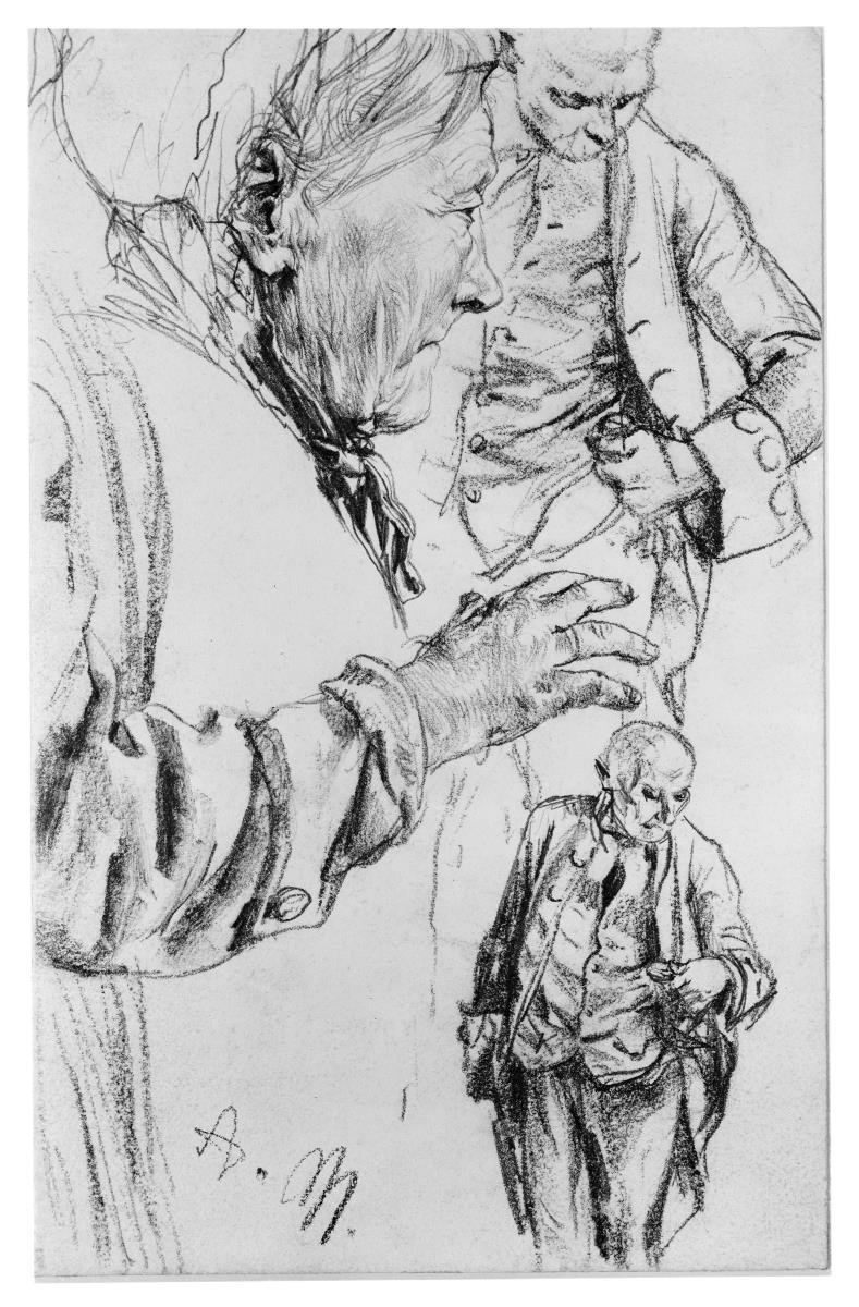 Heinrich von Kleist, Der zerbrochene Krug: Kopf einer alten Frau, Arm und Hand, älterer Mann nach der Uhr sehend, Kniestück en face, Details