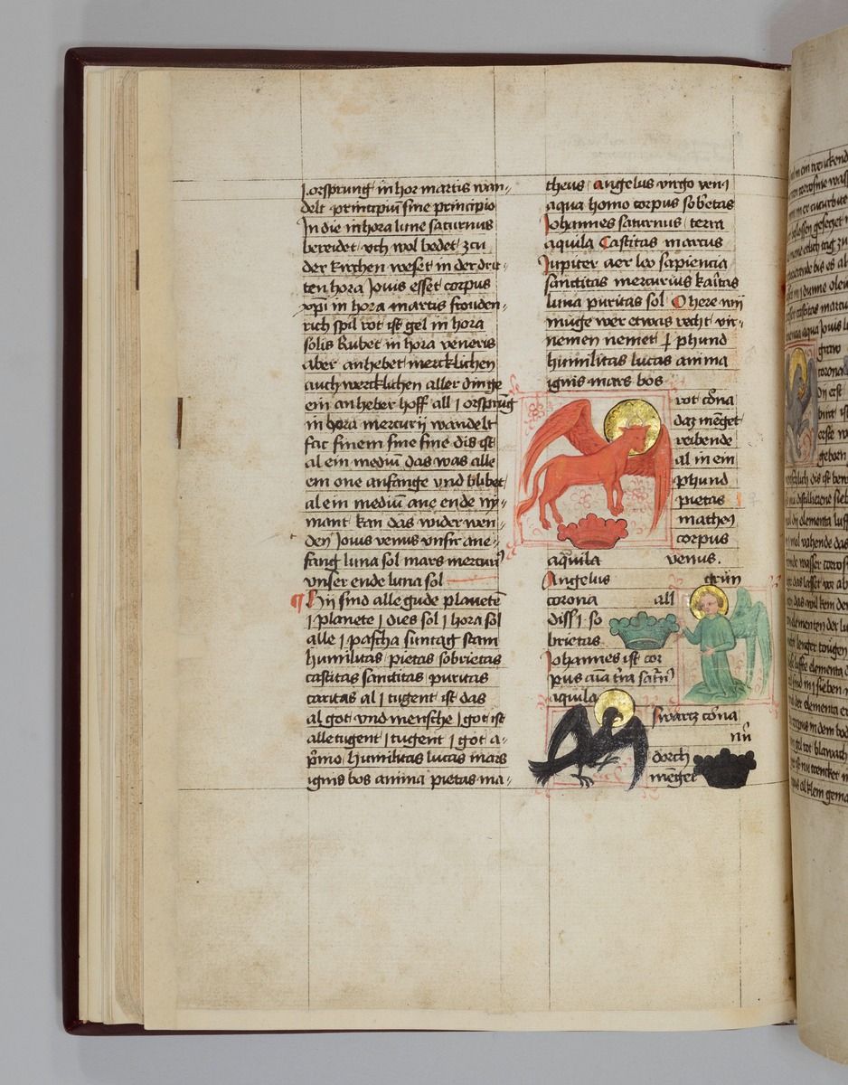 Der rote Stier des Lukas mit roter Krone, der schwarze Adler des Johannes mit schwarzer Krone, der grüne Engel des Matthäus mit grüner Krone, der graue Löwe des Markus neben einer grauen Krone und die silberne Taube vor Christus mit grüner und silberner Krone