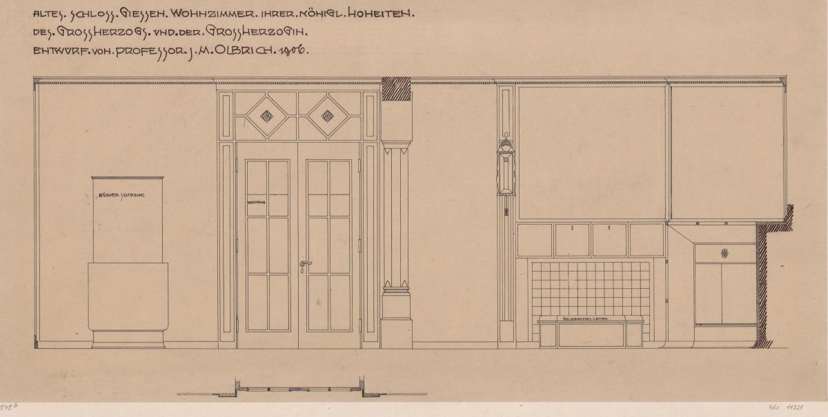 Giessen, Grossherzogliche Wohnung im Alten Schloss   Wohnzimmer, Aufriss der Südwand und Grundriss der Türnische