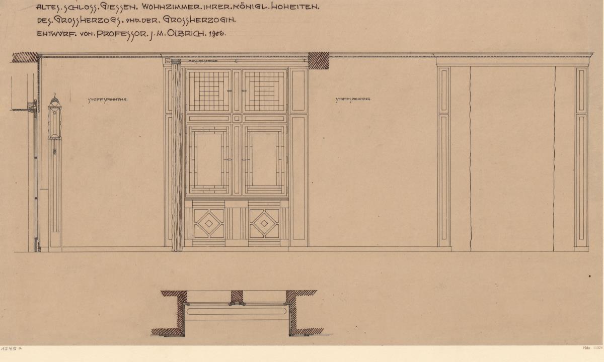 Giessen, Grossherzogliche Wohnung im Alten Schloss   Wohnzimmer, Aufriß der Nordwand und Grundriss der Fensternische