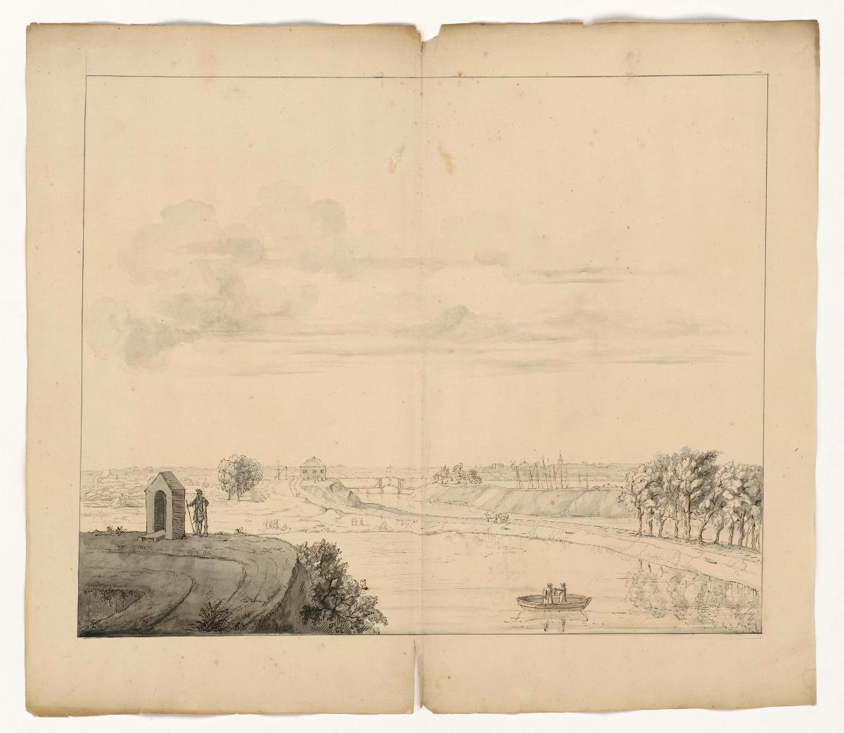 Ansicht der Stadt Wesel, eine Ecke der Stadtbefestigung mit Wachtposten und Blick in die Landschaft