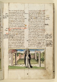 Die Heilige geht Almosen verteilen, auf dem Kopf trägt sie einen Korb mit Lebensmitteln. Raimund, Das Leben der Hl. Katharina von Siena (geschrieben von der Nonne Elisabeth Warüssin)