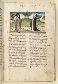 Jesus erscheint der Heiligen in einer Landschaft und lehrt sie. Raimund, Das Leben der Hl. Katharina von Siena (geschrieben von der Nonne Elisabeth Warüssin)