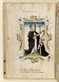 Die hl. Katharina in Ordenstracht mit Buch, Herz und Kruzifix in den Händen. Zu ihren Füßen eine kniende Nonne. Raimund, Das Leben der Hl. Katharina von Siena (geschrieben von der Nonne Elisabeth Warüssin)