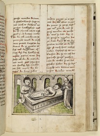 Die Heilige am Grab der hl. Agnes, die in einer Kapelle aufgebahrt liegt. Raimund, Das Leben der Hl. Katharina von Siena (geschrieben von der Nonne Elisabeth Warüssin)