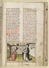 Die Heilige treibt einer Frau die bösen Geister aus. Raimund, Das Leben der Hl. Katharina von Siena (geschrieben von der Nonne Elisabeth Warüssin)