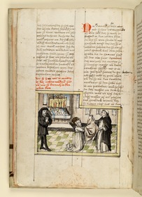 Die Heilige erhält in einer Kirche das Ordenkleid, links ihr Vater. Raimund, Das Leben der Hl. Katharina von Siena (geschrieben von der Nonne Elisabeth Warüssin)