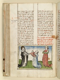 Die Heilige heilt ein Kind, das eine Frau ihr gebracht hat. Raimund, Das Leben der Hl. Katharina von Siena (geschrieben von der Nonne Elisabeth Warüssin)