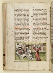Die Heilige, am Herd sitzend, fällt entzückt in das Feuer. Raimund, Das Leben der Hl. Katharina von Siena (geschrieben von der Nonne Elisabeth Warüssin)