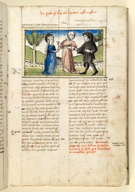 Die Heilige mit den Eltern am Weg in einer Landschaft. Raimund, Das Leben der Hl. Katharina von Siena (geschrieben von der Nonne Elisabeth Warüssin)
