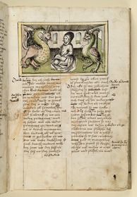 Die Heilige in ihrer Zelle, von zwei Teufeln in Tiergestalt versucht. Raimund, Das Leben der Hl. Katharina von Siena (geschrieben von der Nonne Elisabeth Warüssin)