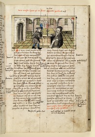 Jesus nähert sich der Heiligen am Altar in Gestalt eines Bettlers. Raimund, Das Leben der Hl. Katharina von Siena (geschrieben von der Nonne Elisabeth Warüssin)