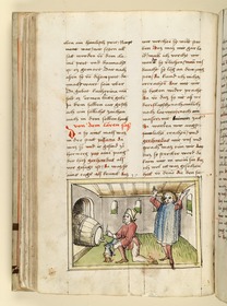 Ein Jüngling füllt aus einem Fass seinen Krug, ein zweiter steht dabei mit staunend erhobenen Armen. Raimund, Das Leben der Hl. Katharina von Siena (geschrieben von der Nonne Elisabeth Warüssin)