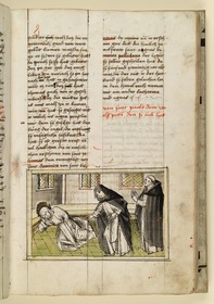 Die Heilige liegt schlafend auf den Stufen in der Kirche. So finden sie ein Mönch und eine Nonne. Raimund, Das Leben der Hl. Katharina von Siena (geschrieben von der Nonne Elisabeth Warüssin)