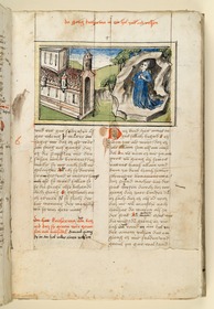 Die Heilige kniet als Einsiedlerin in einer Felsengrotte. Raimund, Das Leben der Hl. Katharina von Siena (geschrieben von der Nonne Elisabeth Warüssin)