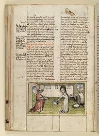 Die Heilige an einem Weinfass reicht einer stehenden Frau einen Krug: "Da gab sy wein durch gott". Raimund, Das Leben der Hl. Katharina von Siena (geschrieben von der Nonne Elisabeth Warüssin)