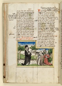 Die Heilige segnet drei Frauen. Raimund, Das Leben der Hl. Katharina von Siena (geschrieben von der Nonne Elisabeth Warüssin)