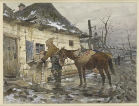 Polnischer Reiter mit seinem Pferd vor dem Zollhaus