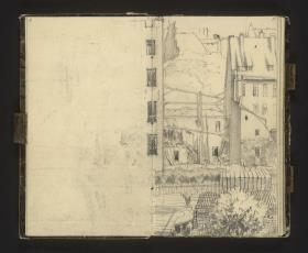 Blick aus Menzels Schlafzimmerfenster in der Ritterstraße, im Vordergrund Holzlagerplatz