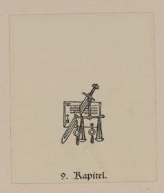 Symbol für Justiz (Waage, Schwert und Buch). Kapitel 9. Vignette für: Heinrich Boos. Geschichte der rheinischen Städtekultur von ihren Anfängen bis zur Gegenwart mit besonderer Berücksichtigung der Stadt Worms. Berlin: Stargardt 1897