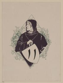 Mann in Kutte mit Schild. Illustration für Karl Lachmann. Die Nibelunge. Berlin: Stargardt 1898-1904