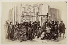 Theaterkasse, die Käufer schieben sich von rechts an die erleuchtete Kasse  und entfernen sich nach links, zu Heinrich von Kleist "Der zerbrochene Krug"